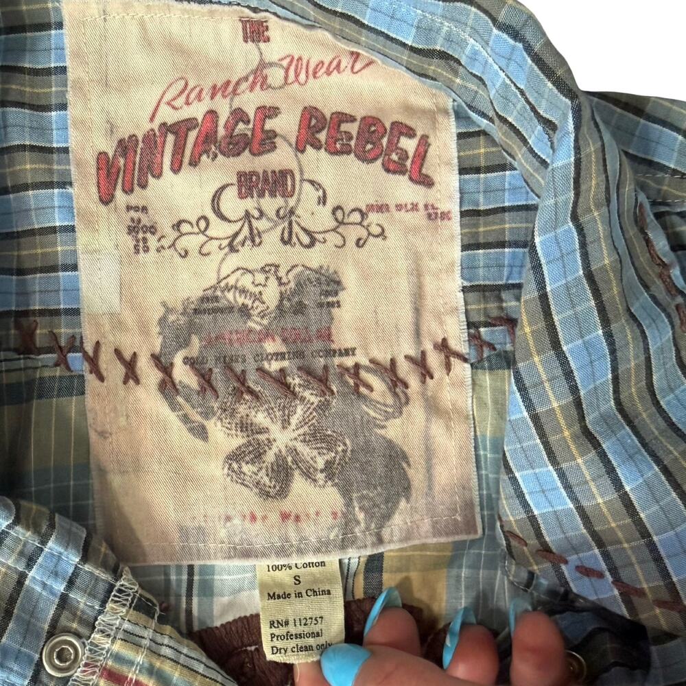 Vintage Rebel Western Blue Yellow Plaid Pearl Snap Collared Shirt size S NEW Tag - Picture 2 of 11